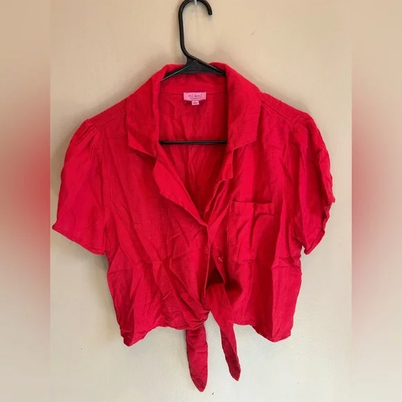 Tie-Front Red Women's Button-Up Top - Picture 1 of 3